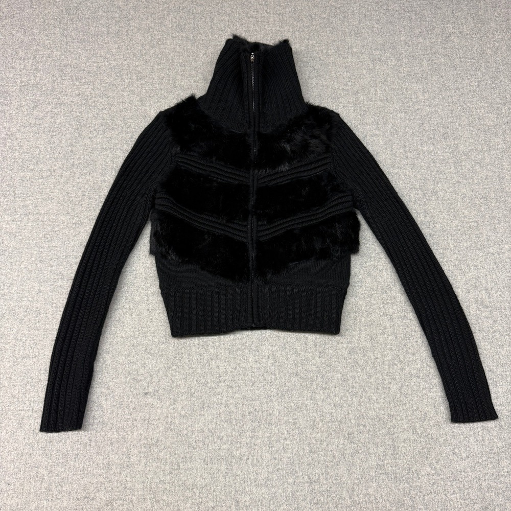 Y&G Couture Cardigan Sweater Small Black Faux Fur Trim Full Zip Ribbed Knit Y2K